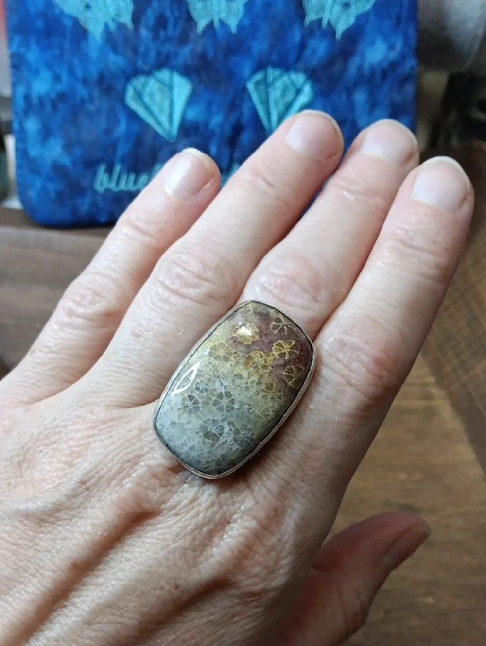 Handcrafted Floral Fossil Coral Stone Statement Ring in Cream and Brown